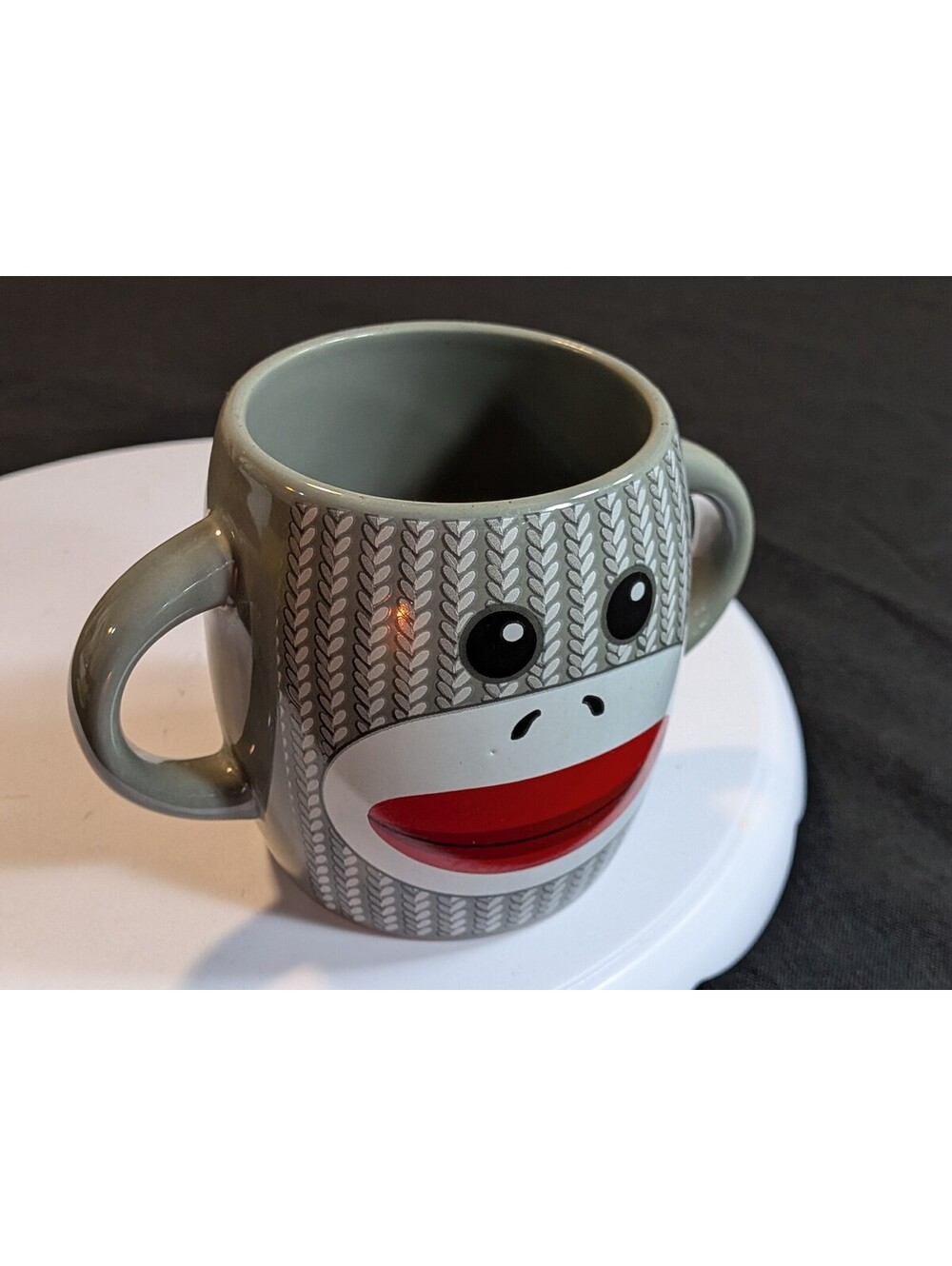 Galerie Sock Monkey Mug Gray Double Handle Ceramic 16 oz